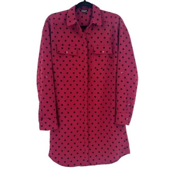 Express Women's Polka Dot Long Sleeve Button-Up Shirt Dress Red Black Size Small - Picture 1 of 9